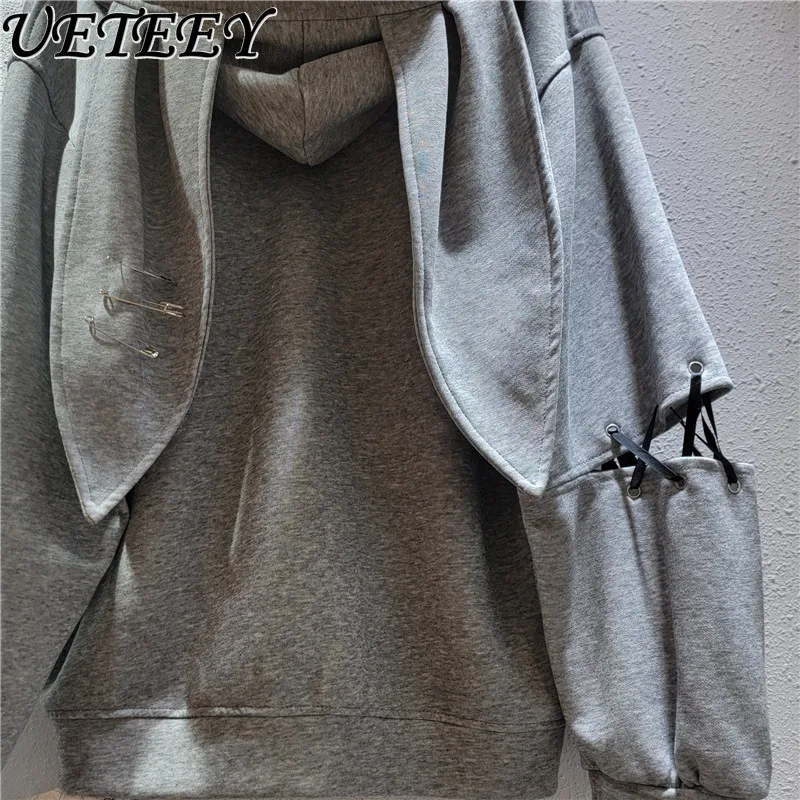 Bluza z kapturem z króliczymi uszami w stylu graffiti High Street dla kobiet, wiosenno-jesienna, subkultura Y2K, słodka, cool kurtka rozpinana, modna.