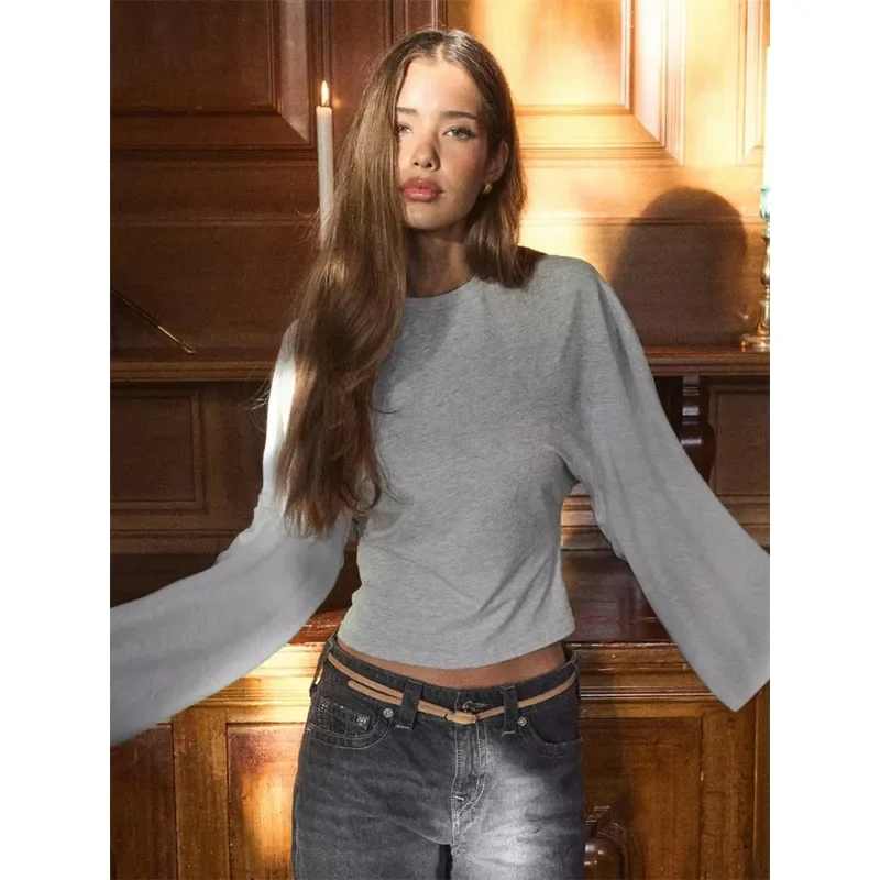 Dames Effen Kleur Ronde Hals Voorkant Schouder Brede Lange Mouwen Cinched Taille Slanke Crop Top Dagelijks Casual Eenvoudige Veelzijdige Tops