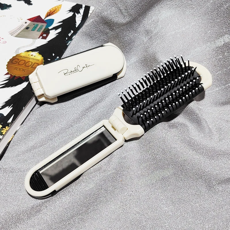 Mini escova de cabelo com espelho para meninas, massagem dobrável pente, massagem na cabeça, antiestático, portátil, viagem