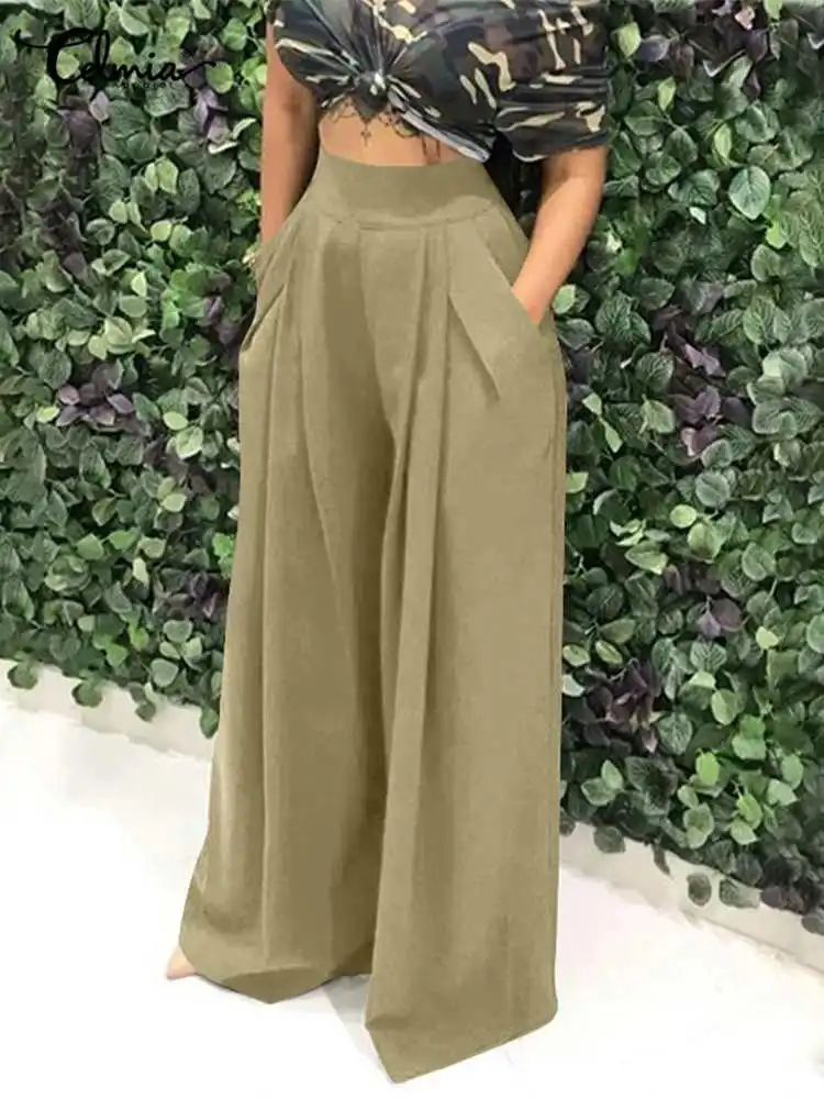 Celmia 2023 Autumn Women Wide Leg Pants Fashion High Waist Pleated Trouser Casual Loose Pocket Elegant Palazzo Oversize Pantalon