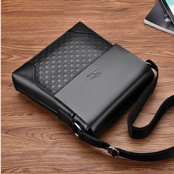 PU leather checkered men's crossbody bag, flip cover, large capacity, lightweight business briefcase, single-shoulder bag