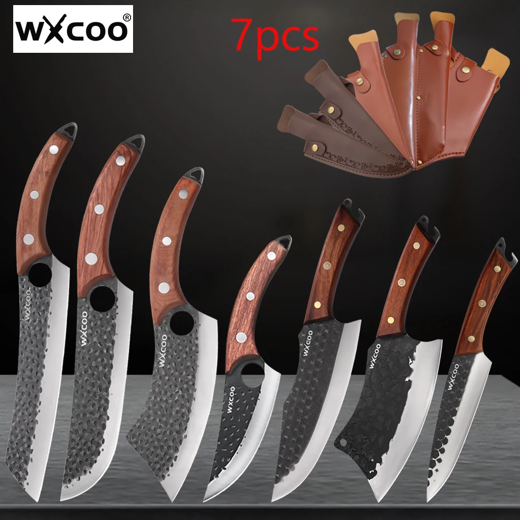 

Набор профессиональных кухонных ножей WXCOO из 7 предметов: кованые ножи из нержавеющей стали, нож шеф-повара, нож мясника, нож для обвалки, с чехлами