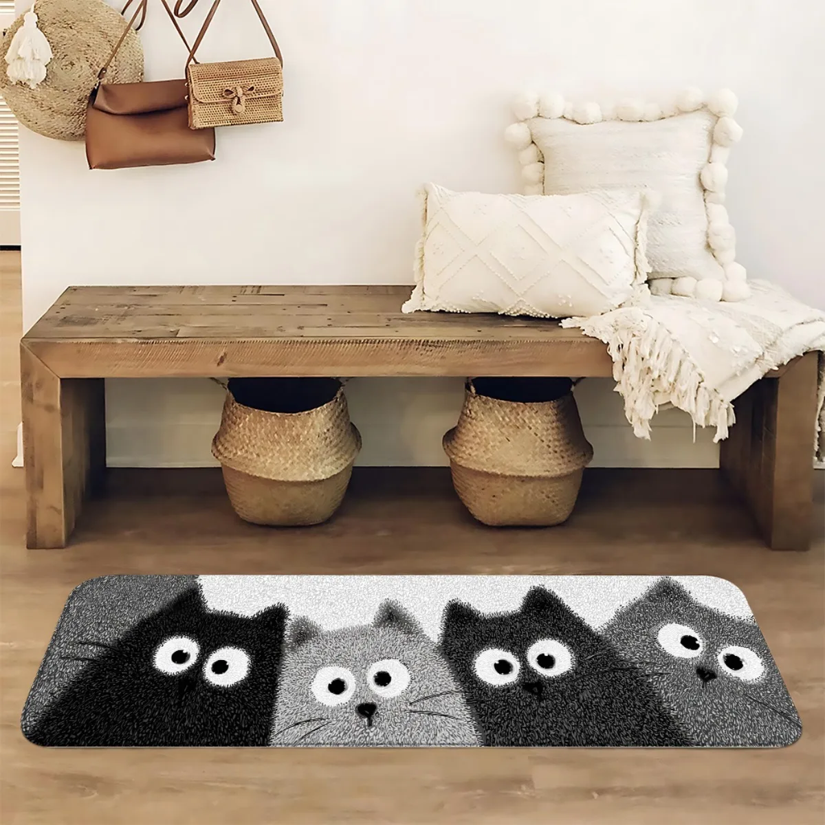 VIKAMA Cartoon Kitten Bath Mat Soft, Cosy and Noise-Reducing Bathroom Mat Bedroom Entrance Rug Bedside Carpet Home Decor
