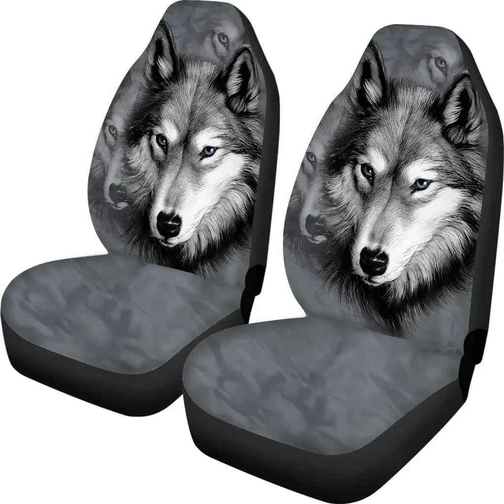 Air Cushion Universal Car Interior Seat Covers 2 Piece, Animal Wolf Pattern Stretch Seat Protector for Car, SUV & Tru