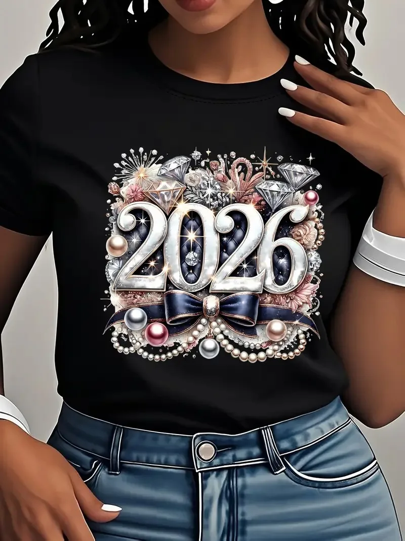 

2026 Happy New Year Printed Round Neck Women's T-shirt Fashion Festival Party Street Daily Short Sleeve Loose Women's Clothing