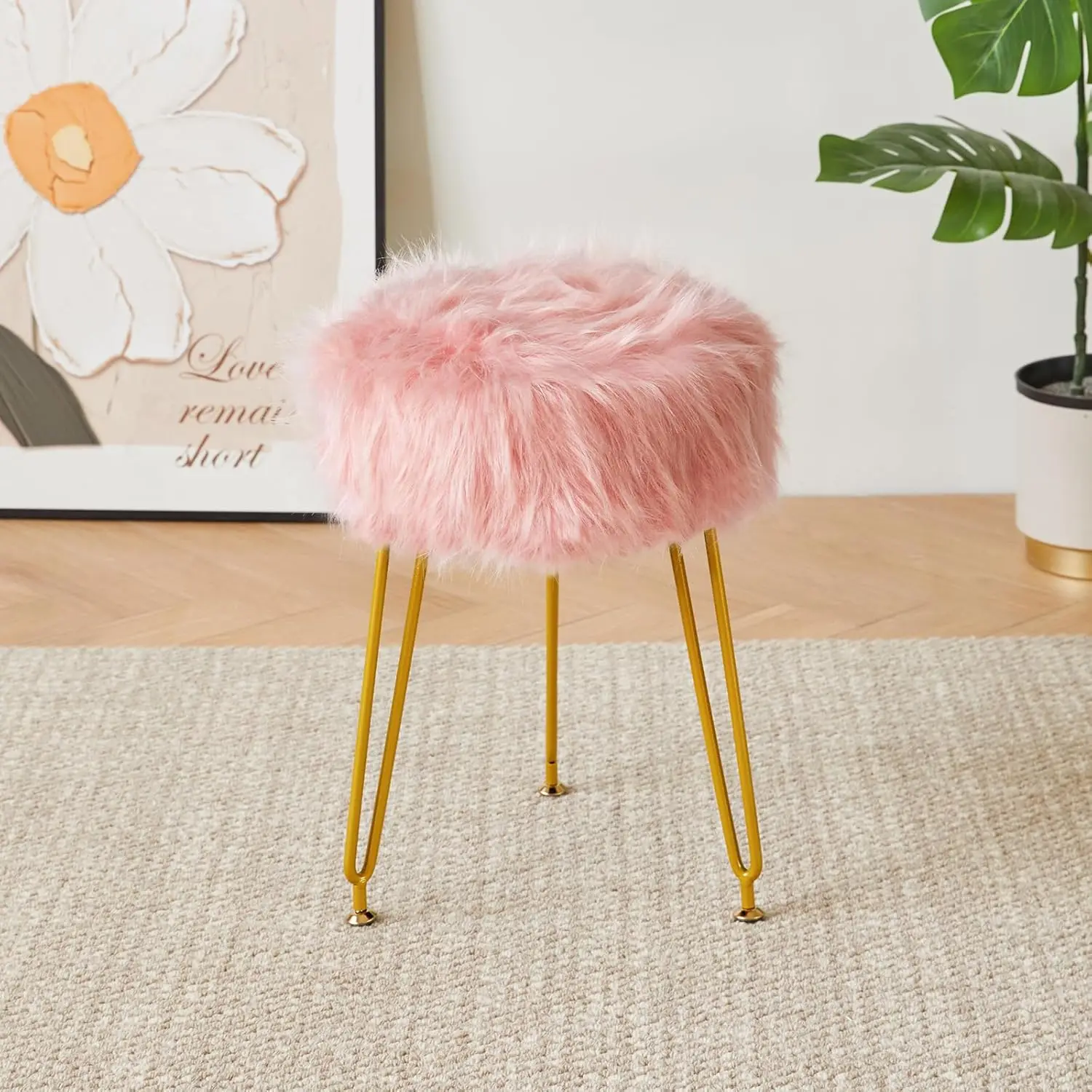 

Vanity Stool Chair, Furry Makeup Stool Ottoman, Soft Padded Seat, Round Footrest Footstools With 4 Metal Legs, For Living Room