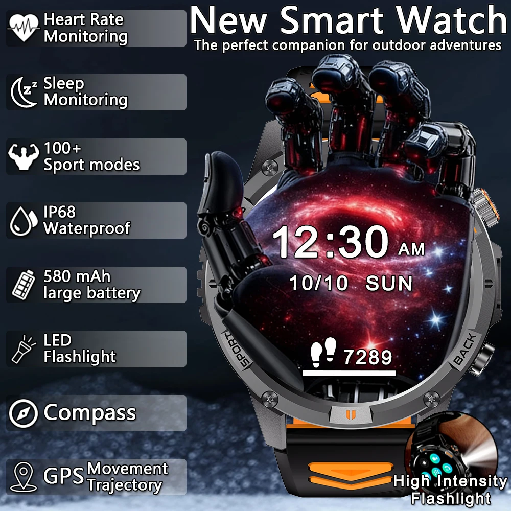 

2025 Outdoor Sports Men Smart Watch 580 mAh Large Battery Health Monitoring High Intensity Flashlight Bluetooth Call SmartWatch