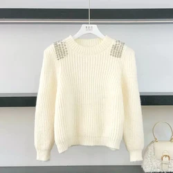 2024 Autumn Winer New Women Mohair Sweater and Pullovers Long Sleeve Loose Chic Solid Fleece Jumpers White Korean Pullover