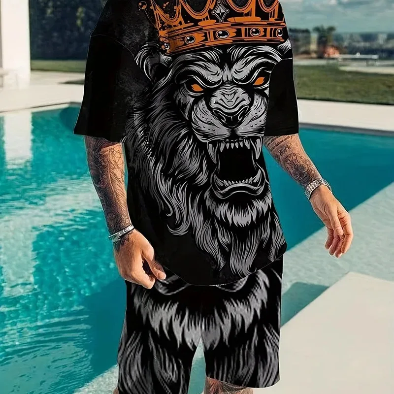 New Men's Plus Size Sportswear 3D Tiger Pattern Breathable Shorts Casual Y2K Style Cutting 2025 Summer Set