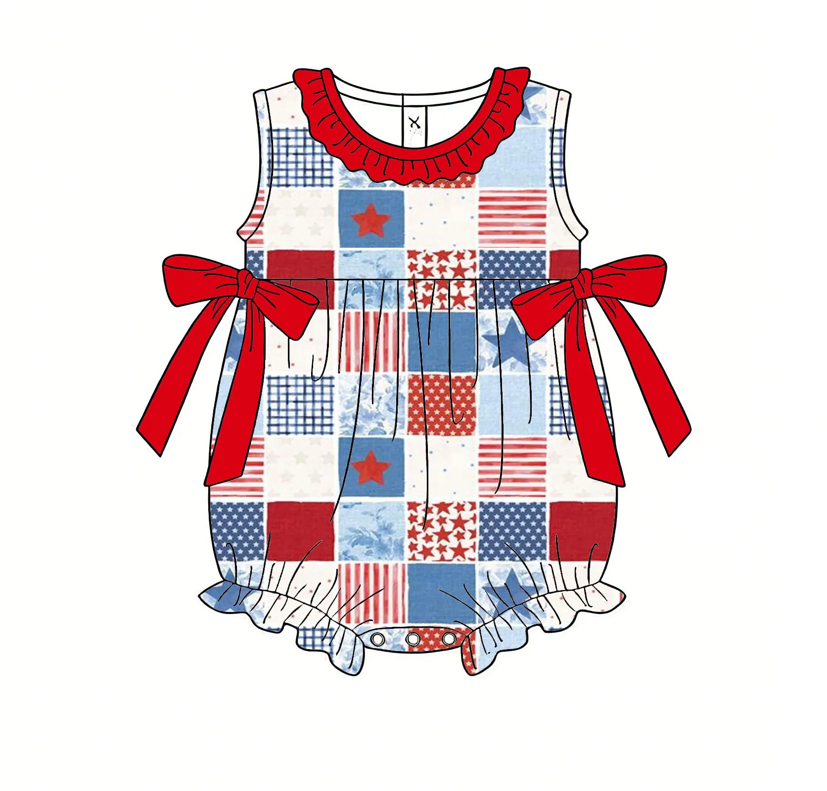 Boutique children's bodysuits Sleeveless style  Round neck with ruffled bow decoration July 4th print custom wholesale
