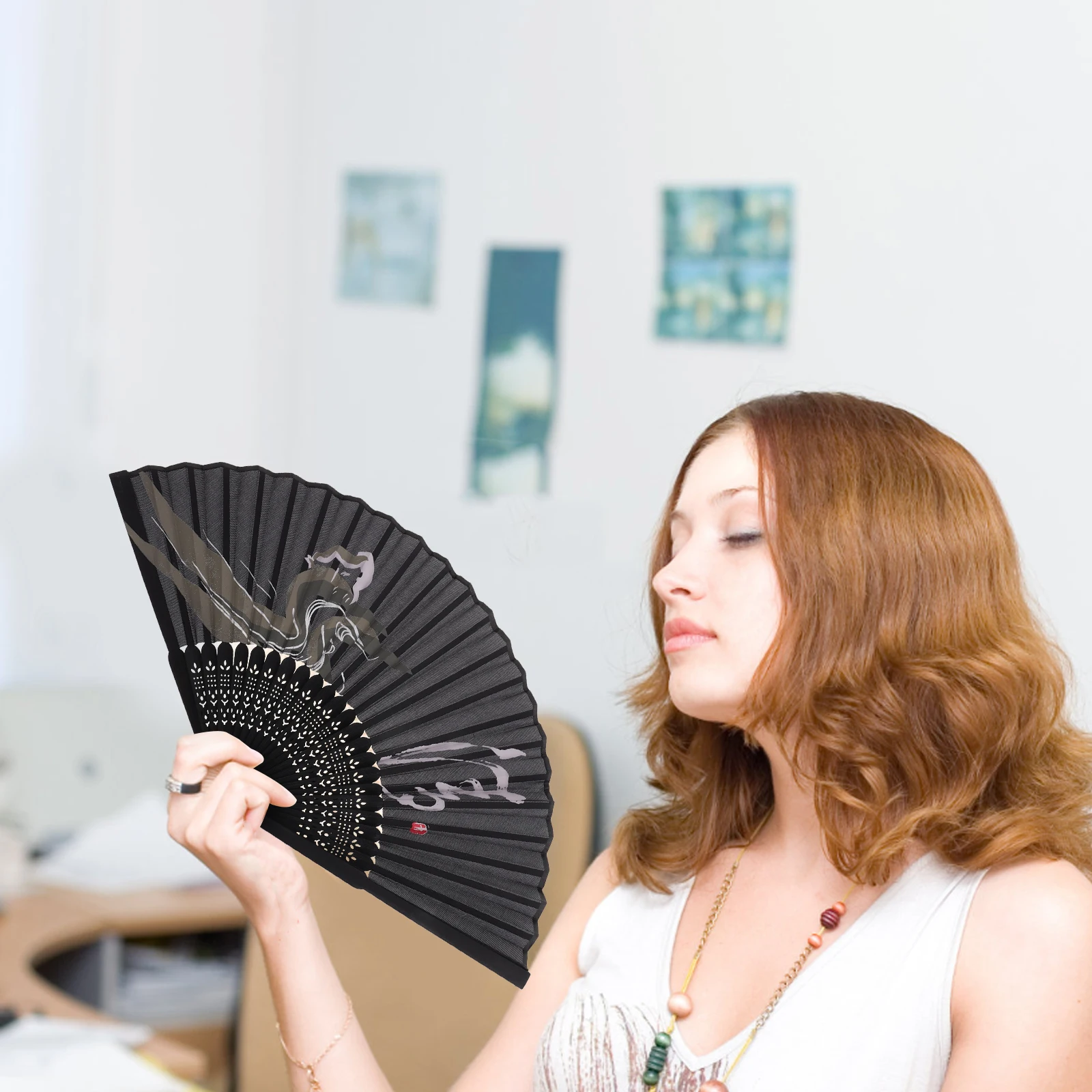 

Fan Dance Asian Decorative Chinese Fans for Women Hand Japanese Folding Handheld Bamboo Frame Black Bride