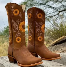 New Women Coffee Brown Embroidery Boots PU Leather Printed Western Cowboy Boots Deep V-mouth High Tube Casual Boots Classic