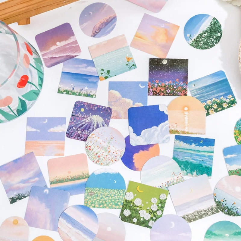 50PCS Moonlight Landscape Oil Painting Stickers Decorative Clipping Stickers Aesthetic Stationery School Supplies