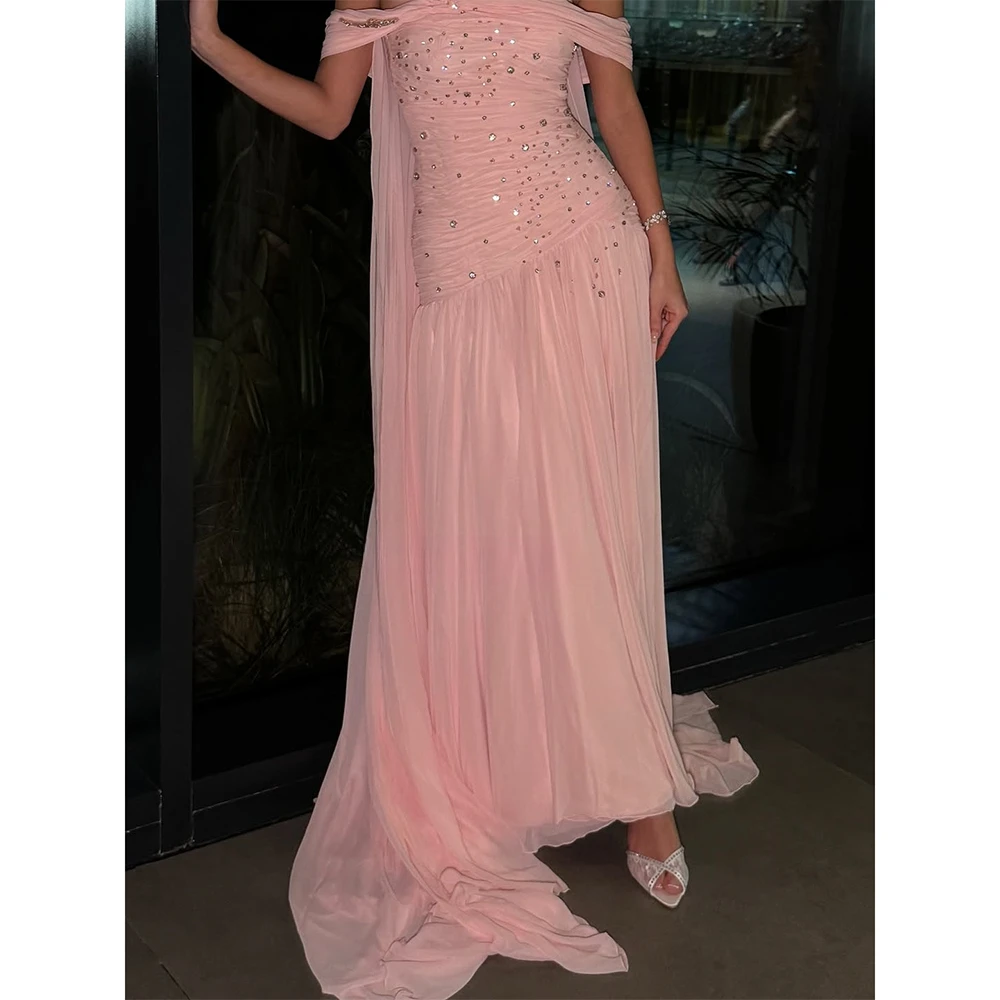 فستان سهرة وردي بدون أكتاف مطرز على شكل حرف A من الشيفون فساتين سهرة طويلة بدون ظهر للحفلات الرسمية في دبي حسب الطلب #4