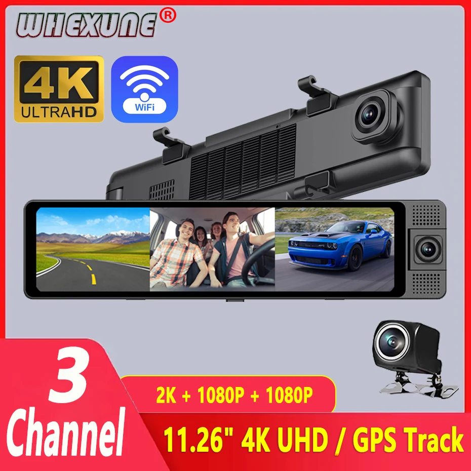 

WHEXUNE Car DVR 4K Dash Cam 5Ghz WiFi Rearview Mirror 3 Camera Front/Cabin/Rear Cam GPS Tracker Night Vision 24h Parking Monitor