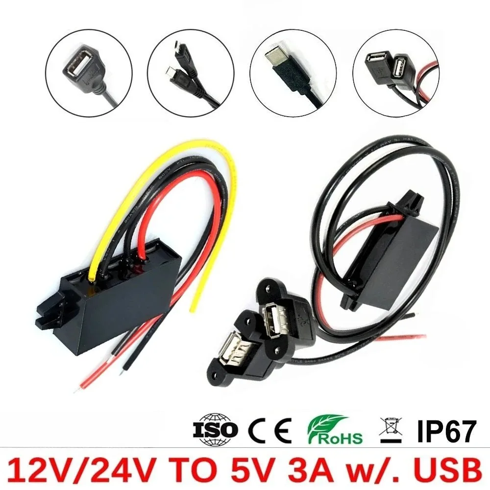 DC DC Converter 12V 24V to 5V 3A Buck Module Power Supply Regulator Car Charger for Type-C Micro USB Output