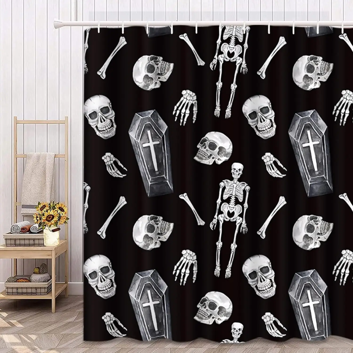 

Занавеска для душа Bayson Spooky Halloween, жуткий череп, скелет, гроб на черном фоне, занавеска для ванны для декора ванной комнаты Waterpr