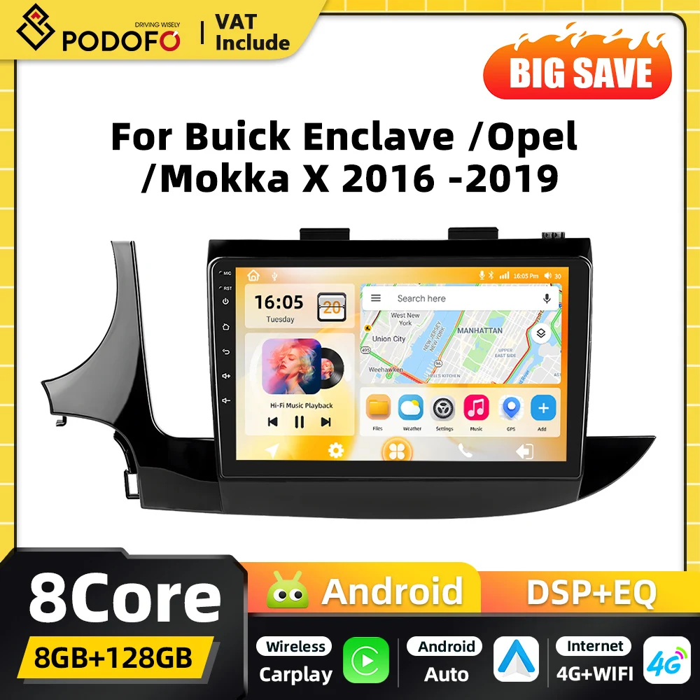 Reproductor Multimedia para coche Podofo de 9 pulgadas y 8 núcleos, 2din, Android, Carplay, para Buick Enclave, Opel Mokka X 2016-2019, navegación GPS, DSP, FM, RDS
