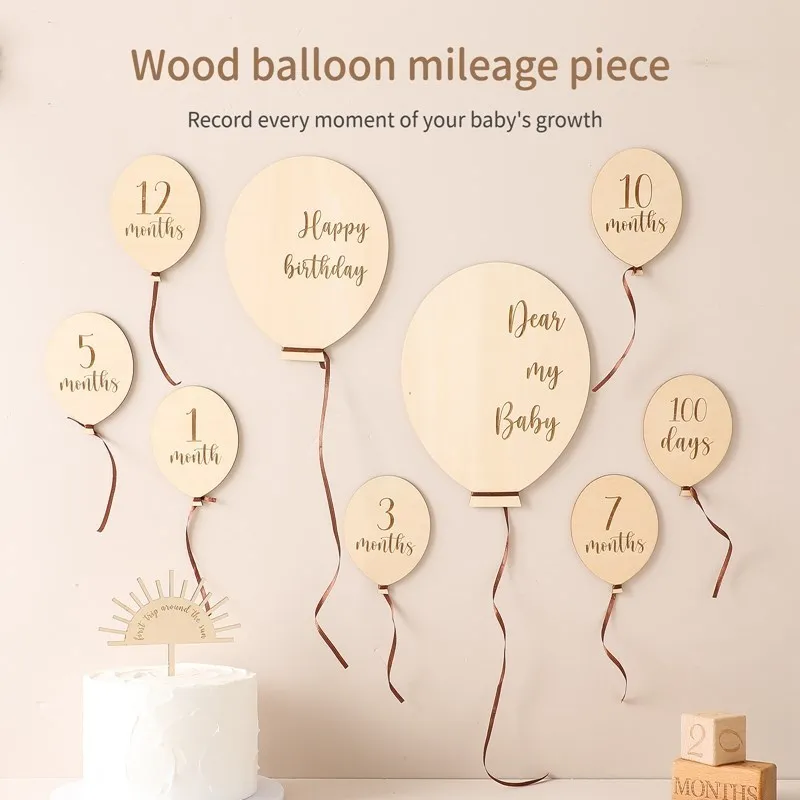 9PCS Baby Wooden Balloon Milestone 1-12Month Card Wooden Milestone Newborn Children Photography Props Birthday Party Decoration