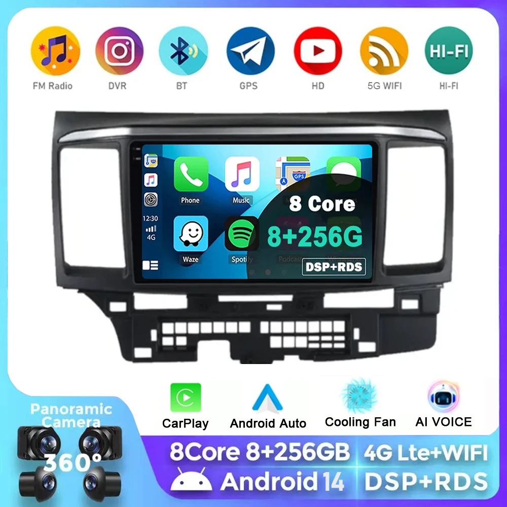 9 pulgadas Android 14 para MITSUBISHI LANCER 9 10X2008 2009 2010 2011 - 2016 Radio de coche Audio estéreo reproductor GPS Carplay pantalla automática