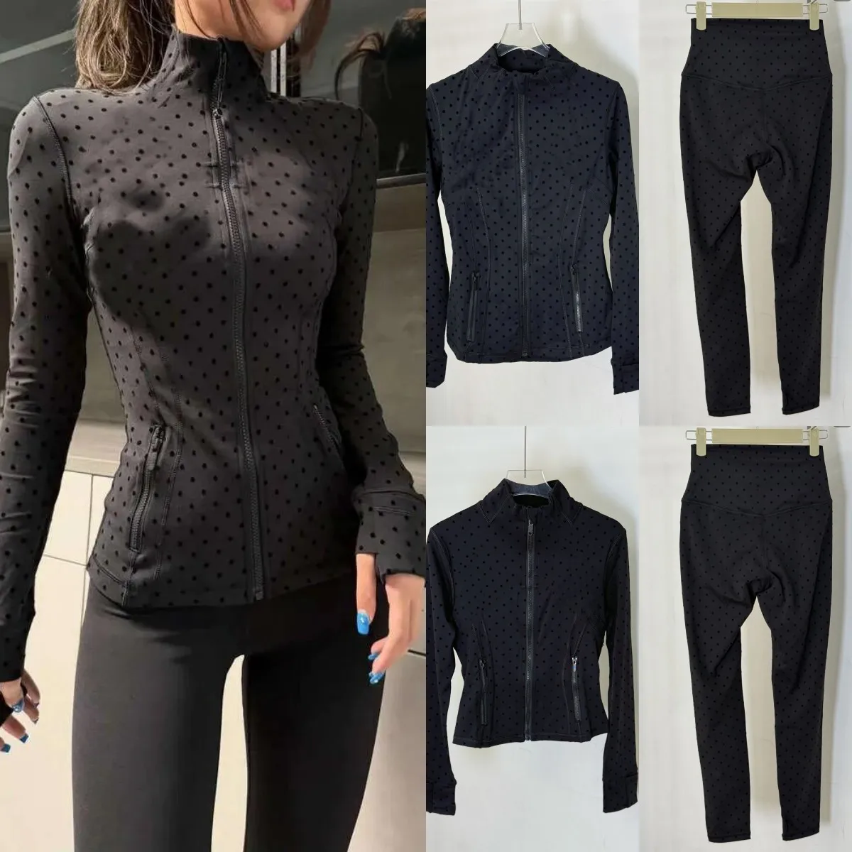 

Женские комплекты для йоги: куртка в горошек с длинными рукавами, однотонная спортивная куртка телесного цвета, фитнес-костюм с золотой молнией.