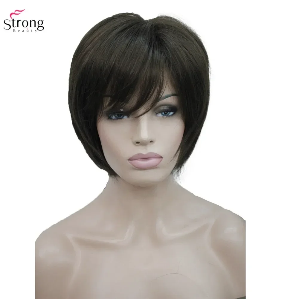 StrongBeauty Synthetic Wig Women\'s Ash Brown/Blonde Highlighted/ Hair Black Natural Wigs Short Straight