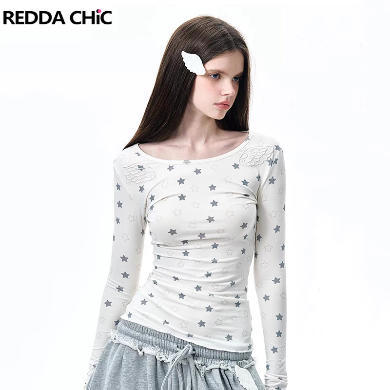 

REDDACHiC Allover Star Pattern Женская футболка Sweet Angel Wing с вышивкой, облегающая футболка с длинными рукавами, эстетичная осенняя одежда Y2k