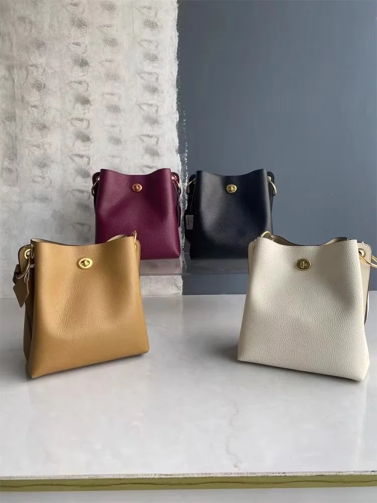 New Cowhide Genuine Leather Handbag Fashion Office Ladies Elegant Single Shoulder Crossbody Bag Women Large Capacity Bucket Bags