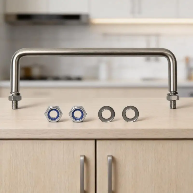M76E Threaded Cabinet Grab Handle Set, Stainless Steel Pull Piece with Two-Point Mounting, Lock and Washers for Equipment