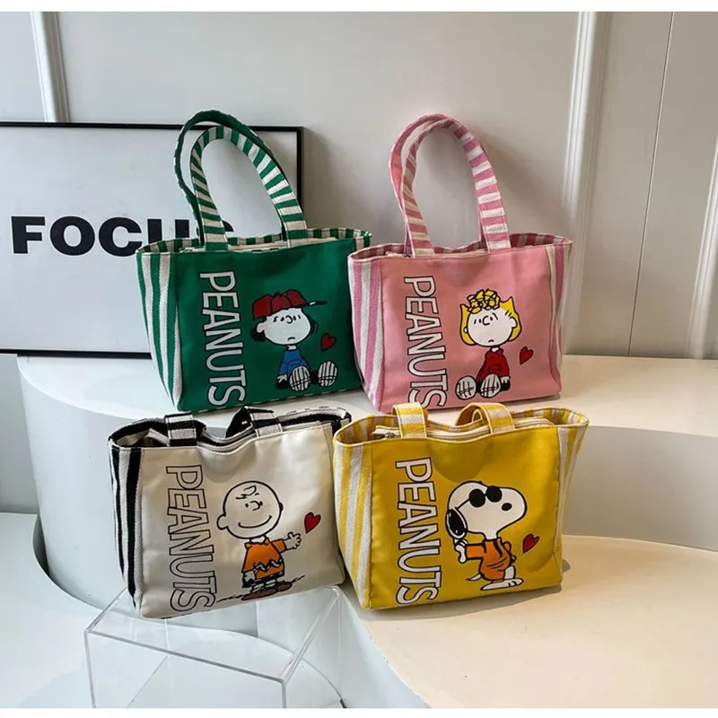 

Cartoon Cute Handbag Color-Block Striped shoulder tote bag Snoopy New girl Canvas Shoulder Bag Letter storage Tote Bag