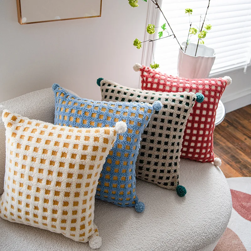 Nordic Ins Style Cushion Cover 45x45cm Lamb Fleece Chessboard Plaid Throw Pillow Cover Living Room Sofa Home Decor Pillowcase