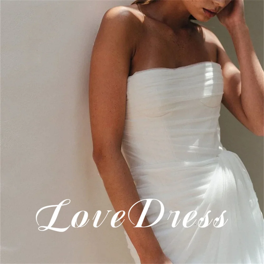 Love Elegant Strapless Tulle Mermaid Pleating Sleeveless Wedding Dresses Sexy High Side Slit Backless Floor Length Bridal Gowns