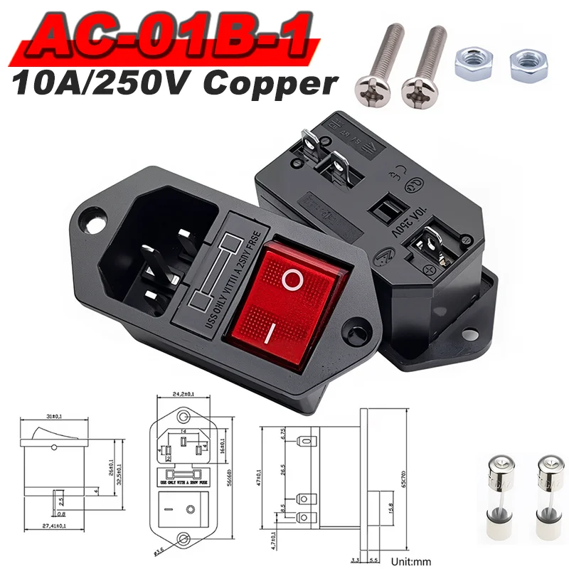 IEC 320 C13 C14 AC-Einlass-Netzsteckdose, 250 V, 10 A, Sicherung, rote Lampe, Wippschalter, wiederverdrahtet, 3-polig, elektrisch, männlich, weiblich