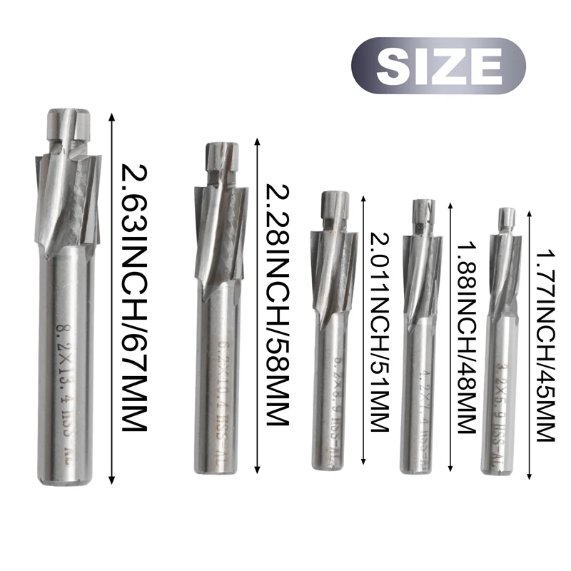 AB47-5Pcs HSS 카운터보어 엔드밀 M3-M8 파일럿 슬롯팅 공구 밀링 커터 카운터싱크 엔드밀