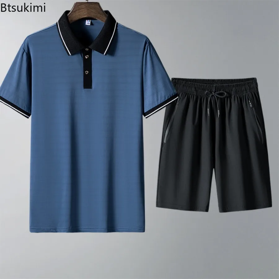 Fashion Contrast Color Polo Shirt Sets Men's Ice Silk Short Sleeve T-shirt+Shorts Casual Suits Men Summer Comfy Cool Tracksuits