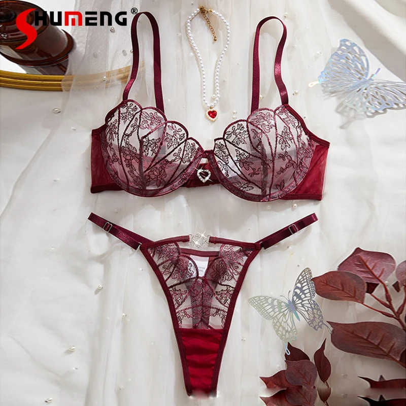 

French Push Up Transparent Brief Sets Luxury Sexy Lingerie for Women Embroidered Ultra Thin Cup Bra Suit Female Underwear