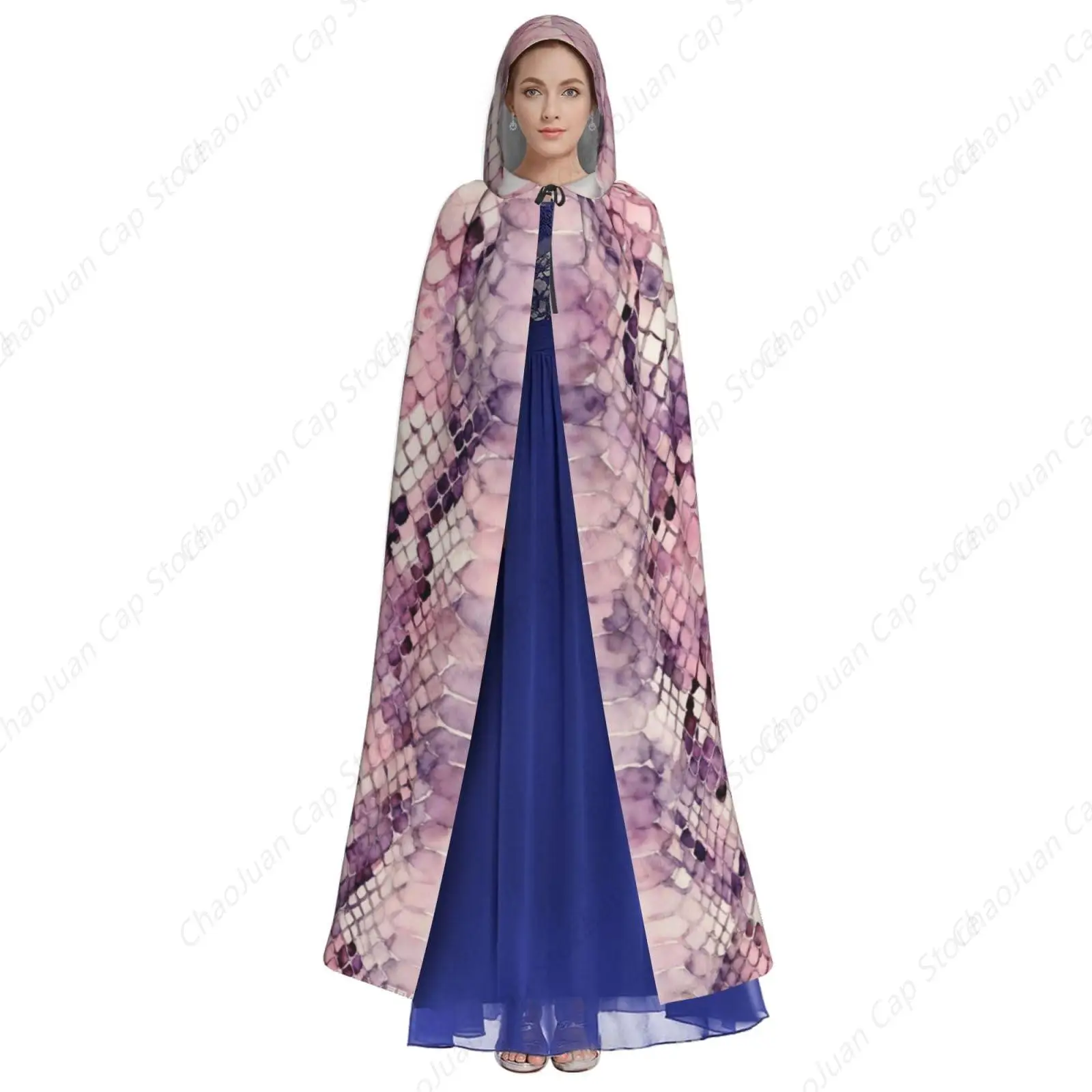 Snakeskin Print Hooded Cloak for Women, Pastel Pink and Purple Reptile Scale Pattern Cape for Cosplay, Costumes, Raves, or Stage