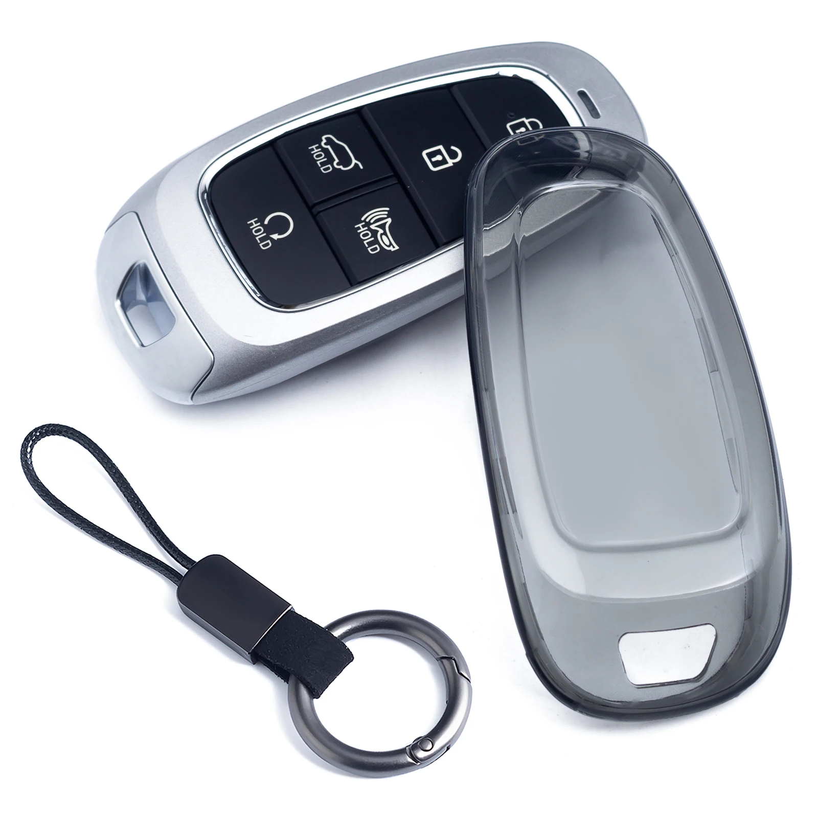 Slim Car Key Fob Case Cover Keychain Ring For Hyundai Tucson Sonata Santa Fe Cruz Palisade IONIQ 5 Nexo Black Transparent