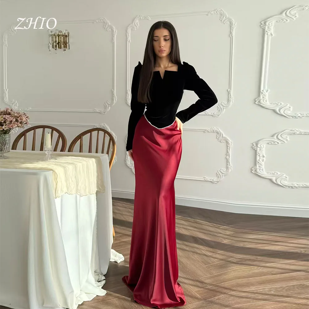 ZHIO vestido de noche de satén rojo oscuro con contraste de terciopelo negro, 2 uds., manga larga, sirena, ocasión Formal, fiesta, graduación, personalizado, elegante