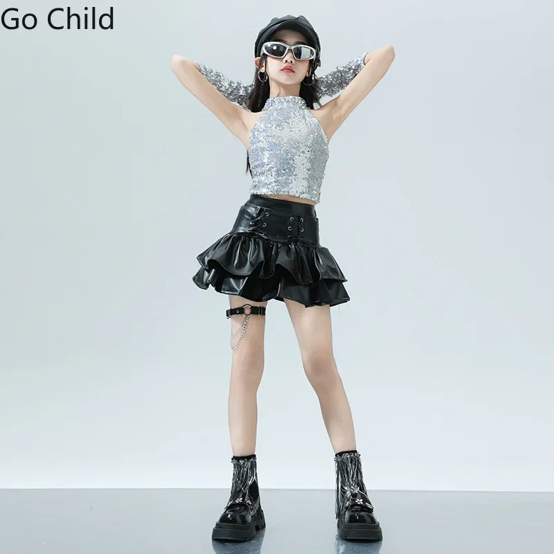 Girls K-pop Silver Sequin Top Leather Goth Skirts Clothes Sets Kids Hip Hop Street Dance Costumes Children Girl Group Streetwear