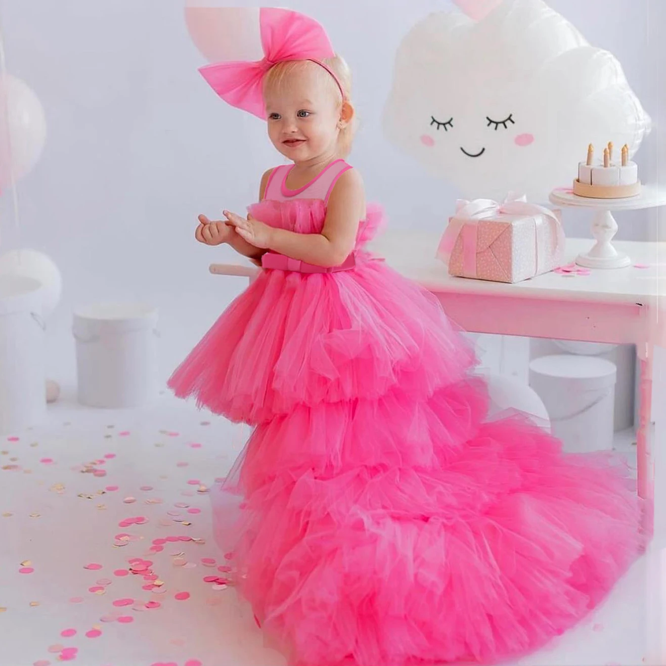 Barbie Pink Trailing Baby Girls Party Dresses Tulle Baptism Princess Wedding Birthday Bridesmaid Dress Bow First Communion Gown