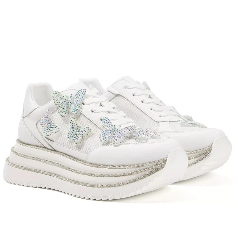 Summer Butterfly Chunky Shoes for Women's Leather Mesh Rhinestones Lightweight Height Increasing Shoes Soft Sole Casual Sneakers