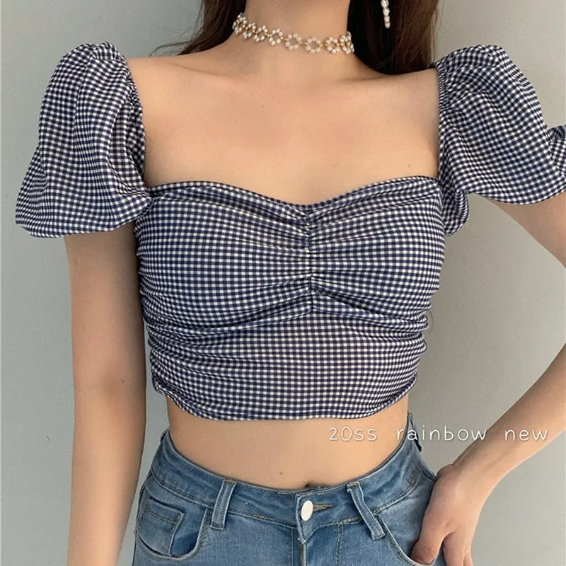 

Vintage Plaid Crop Blouse Women Summer Square Collar Puff Sleeve ladies Tops Blouses Shirts