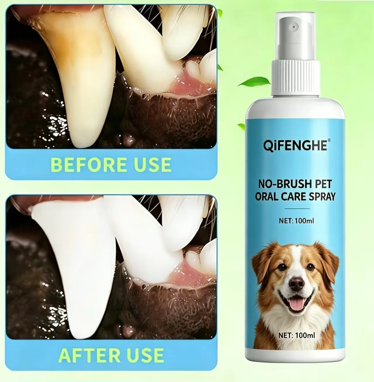 QiFENGHE 100ml No-Brush Pet Oral Care Spray, Plant-Based Alcohol-Free Formula, Natural Breath Freshener for All Breeds Cats and