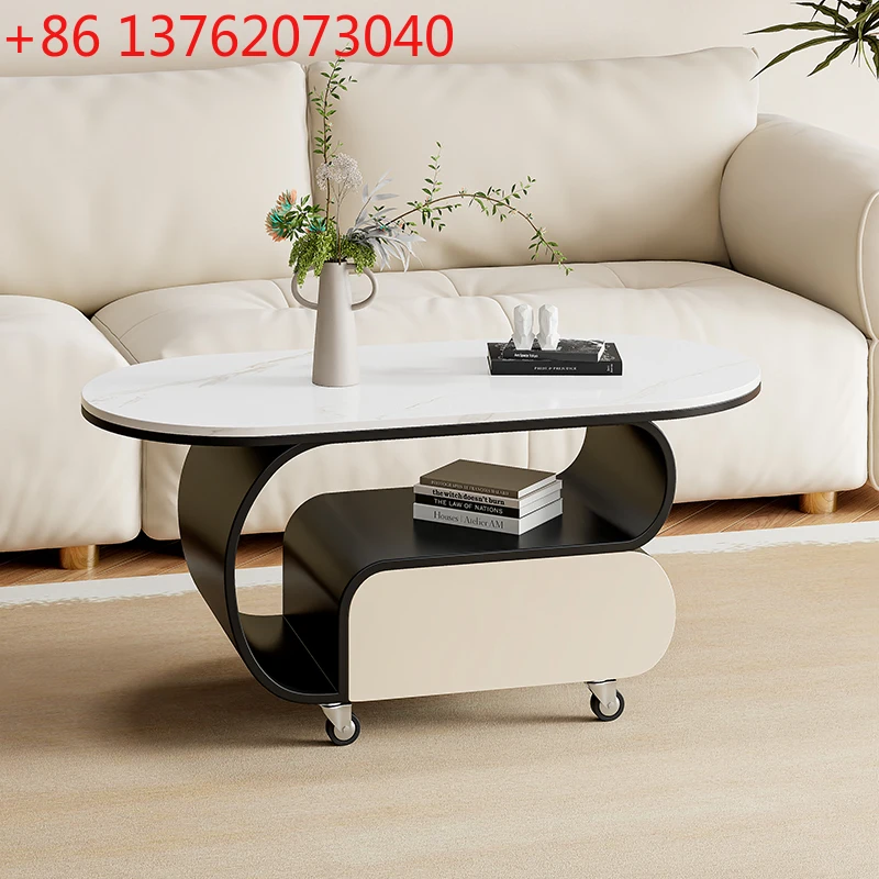 

Cream wind movable rock slab living room coffee table small apartment household oval net red with wheel trolley coffee table