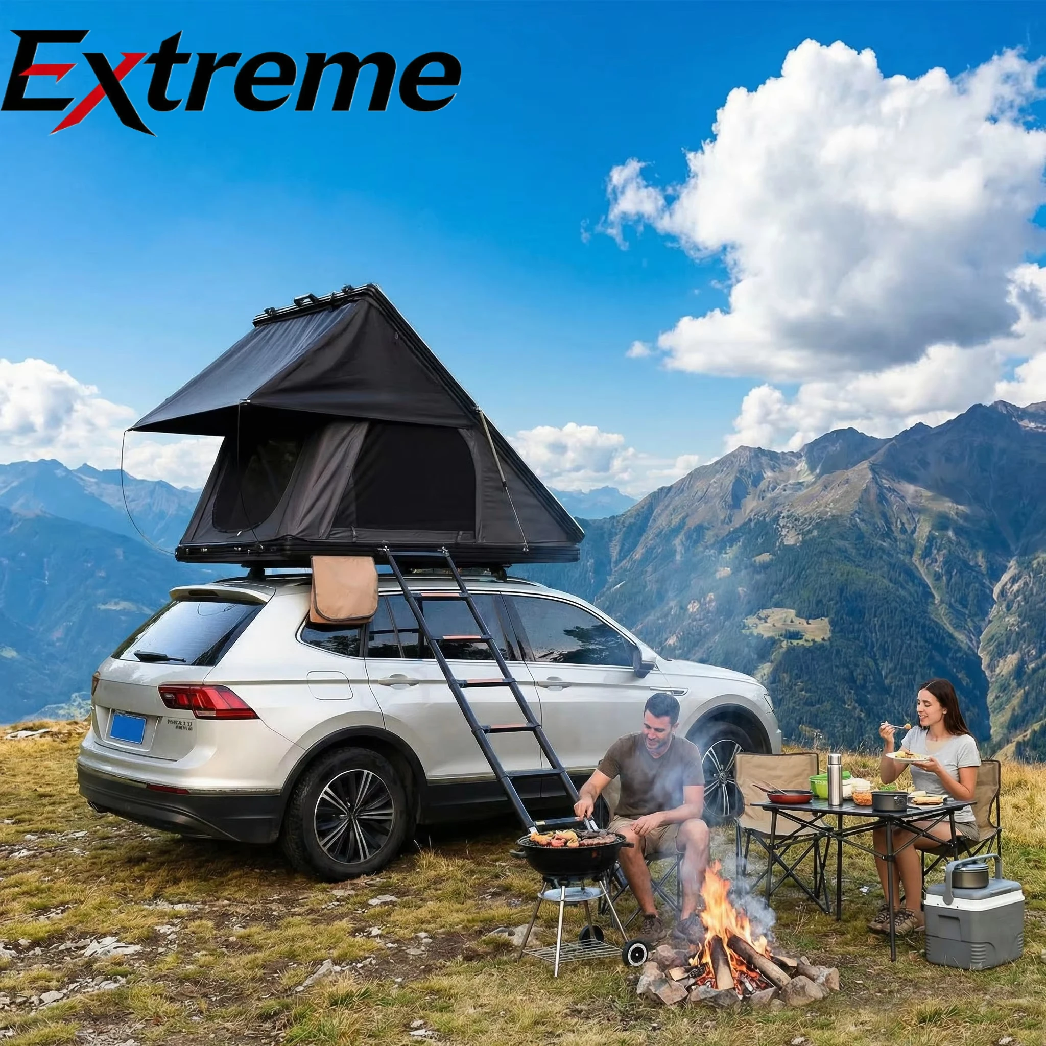 4 Person Portable Roof Top Tent Hard Shell with Ladder Double Layer Straight Bracing Type Four-Season Waterproof Canvas