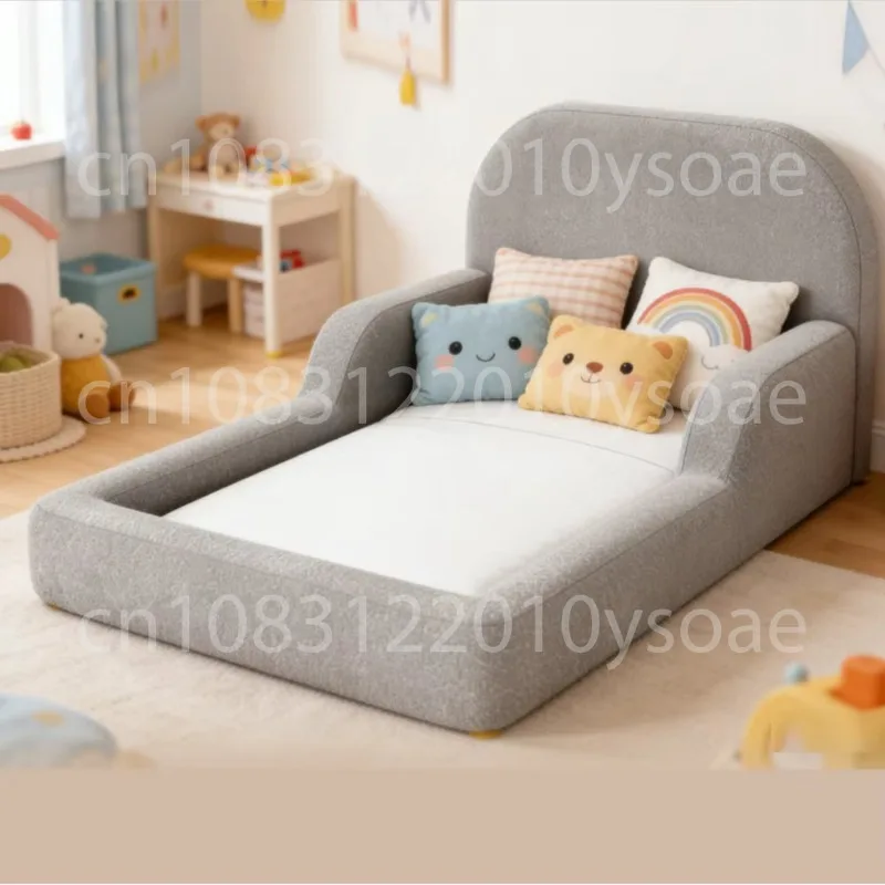 Children's Upholstered Children's Floor Bed with Safety Railing, Soft Terry Fabric, Modern Low-rise Children's Bed