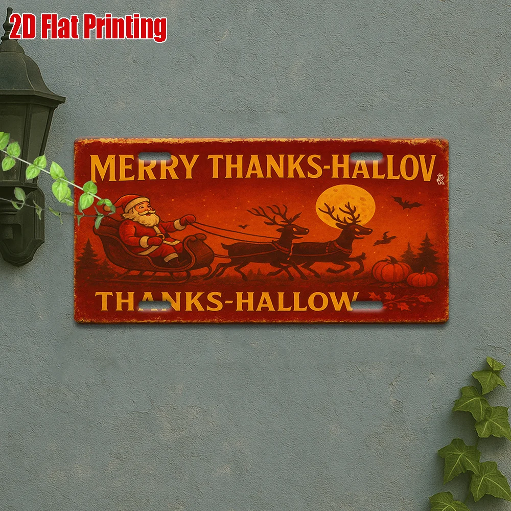 Metal License Plate -  Rustic Aluminum Wall Art with Santa & Reindeer Design, 