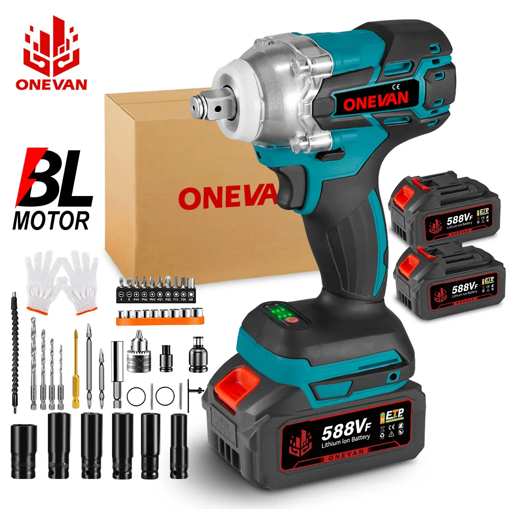 ONEVAN 520N.M Torque Brushless Electric Impact Wrench 1/2 inch Cordless Drill Household Power Tool Set For Makita 18V Battery