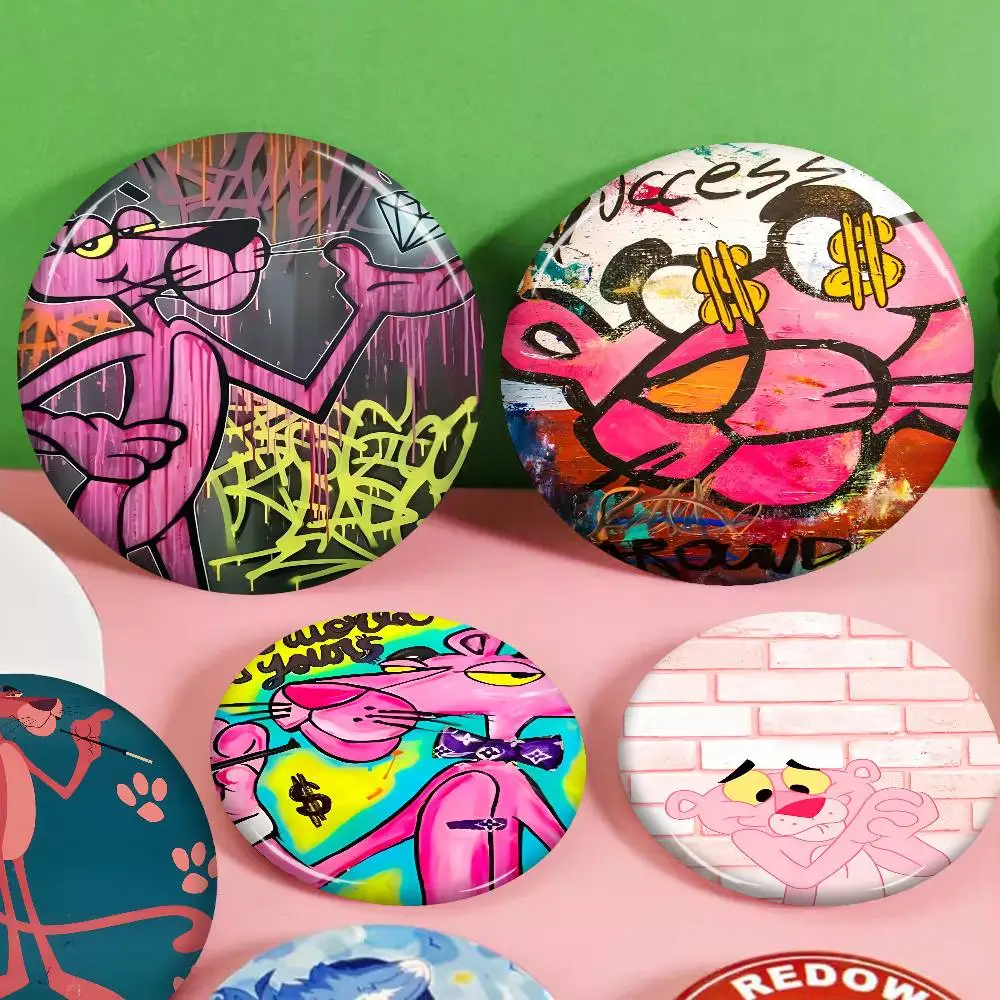 

Pink Panther art Tinplate Pin Button Custom Anime Role Old-school Brooch Cartoon Collar Badge Jewelry Gift Fans